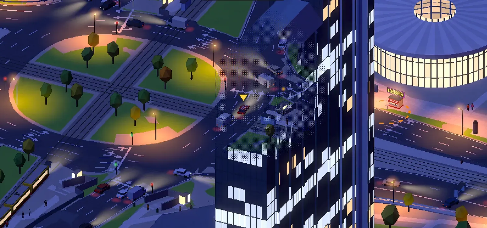 Rondo Dmowskiego at night in the game: the Rotunda, lit towers and traffic